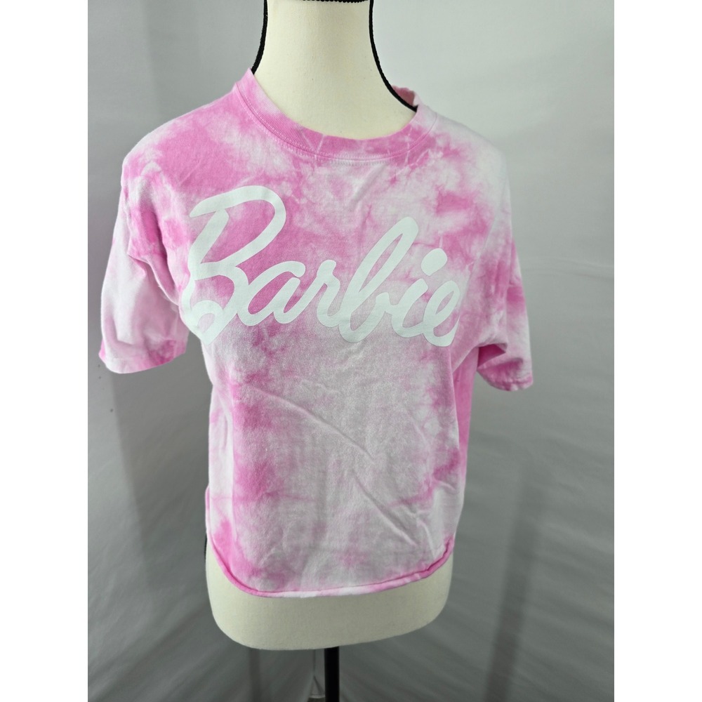 Barbie Pink Tie Dye Crop Top T-Shirt Script Logo Cotton Short Sleeve Small